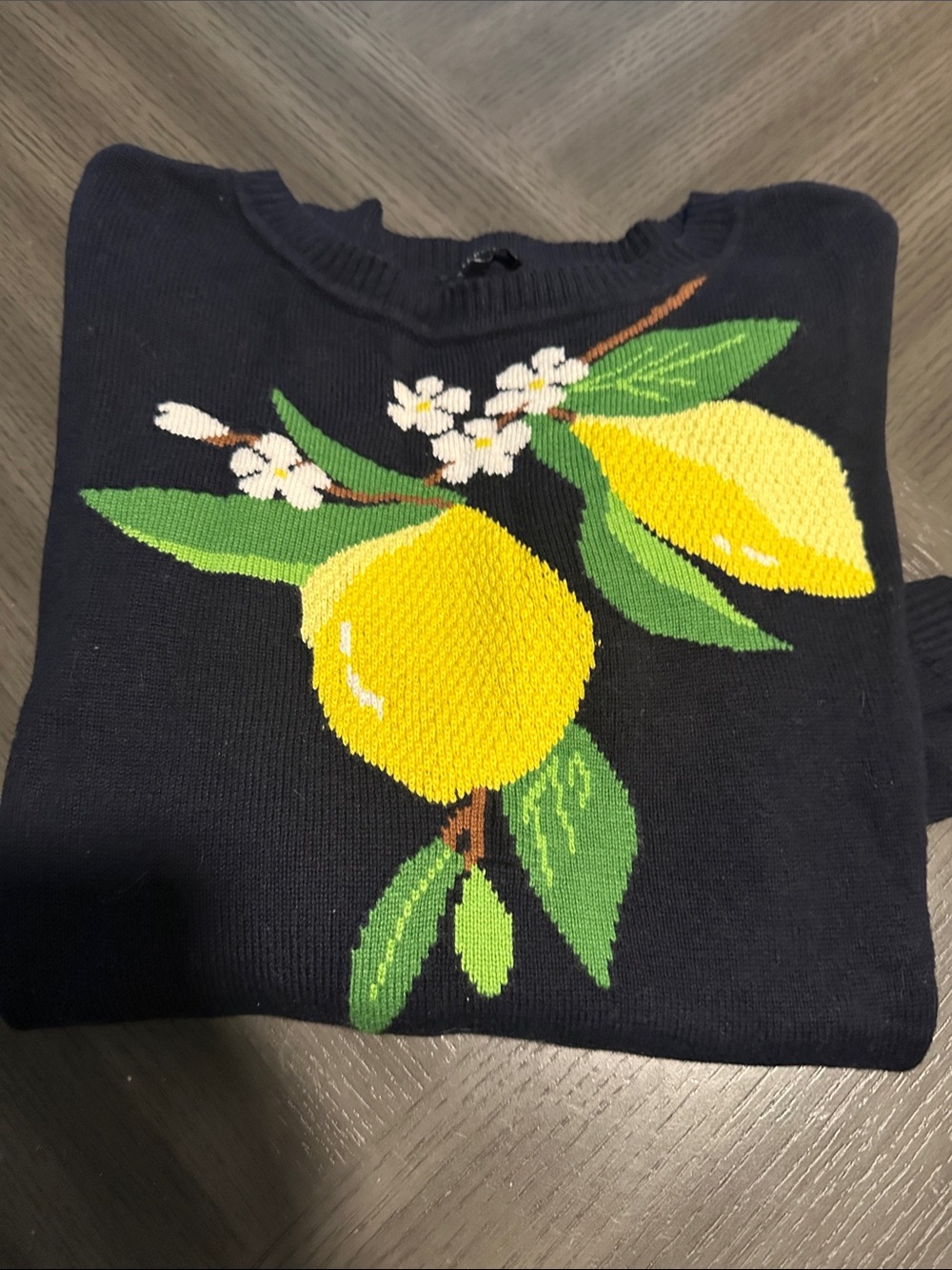 Talbots Navy Crewneck Sweater with Yellow Lemon Graphic